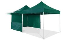 zwei 3x3m QUICKUPTENT-Faltzelte mit Zeltverbindungsklemmen und Regenrinne verbunden